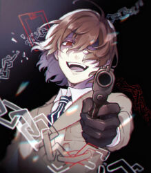Rule 34 | 1boy, akechi gorou, black background, black gloves, broken, broken chain, brown hair, chain, collared shirt, commentary, dated commentary, evil smile, gloves, gun, hair between eyes, hair over one eye, highres, holding, holding gun, holding weapon, jacket, looking at viewer, male focus, open mouth, persona, persona 5, red eyes, sekiyu inu, shirt, short hair, smile, solo, teeth, upper body, weapon