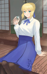 Rule 34 | 1girl, ahoge, apunetsu, artoria pendragon (all), artoria pendragon (fate), black pantyhose, blonde hair, blue ribbon, blue skirt, blush, bottle, commentary, fate/stay night, fate (series), green eyes, hair bun, hair ribbon, hand on floor, highres, holding, long hair, long skirt, long sleeves, looking at viewer, neck ribbon, pantyhose, ribbon, saber (fate), shirt, single hair bun, sitting, skirt, smile, solo, sunlight, tongue, tongue out, water, white shirt, wooden floor