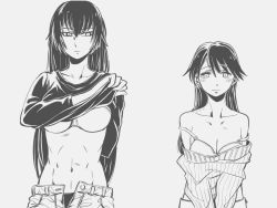Rule 34 | 10s, 2girls, abs, bai lao shu, bite mark, bra, breasts, cleavage, collarbone, greyscale, height difference, houshou (kancolle), kantai collection, long hair, medium breasts, monochrome, multiple girls, nagato (kancolle), open clothes, size difference, underwear, undressing
