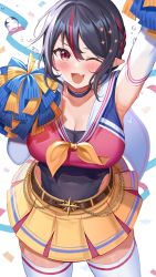 Rule 34 | 1girl, ;d, absurdres, amahara subaru, arm up, belt, black hair, black one-piece swimsuit, blush, braid, breasts, brown belt, cheerleader, cleavage, cowboy shot, crop top, detached sleeves, elf, fang, from above, highres, holding, holding pom poms, indie virtual youtuber, isonade orca, large breasts, looking at viewer, multicolored hair, one-piece swimsuit, one eye closed, open mouth, pointy ears, pom pom (cheerleading), pom poms, red eyes, red hair, sailor collar, short hair, simple background, skin fang, skirt, smile, solo, streaked hair, swimsuit, swimsuit under clothes, thighhighs, virtual youtuber, white background, white sailor collar, white thighhighs, yellow skirt