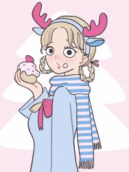 Rule 34 | 1girl, blue shirt, blush, braid, braided hair rings, cake, cupcake, food, food on face, from side, hair rings, hand up, highres, holding, holding cake, holding food, hoppe illust, long sleeves, original, scarf, shirt, solo, striped clothes, striped scarf, upper body