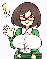 Rule 34 | !, 1girl, arm up, black skirt, blush, bob cut, breasts, brown hair, buttons, cardigan, collared shirt, glasses, green cardigan, hand up, highres, holding, holding pencil, large breasts, long sleeves, nikki (swapnote), nintendo, notnoe (dxcl), parted bangs, pencil, red-framed eyewear, shirt, short hair, simple background, skirt, smile, solid oval eyes, solo, spoken exclamation mark, swapnote, taut clothes, taut shirt, waving, white shirt