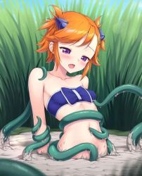 Rule 34 | 1girl, artist request, grass, highres, lowres, mud, orange hair, purple eyes, quicksand, tentacles, tentacles under clothes