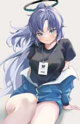 Rule 34 | 1girl, absurdres, black shirt, blue archive, blue buruma, blue eyes, blue hair, blue jacket, blush, buruma, closed mouth, commentary, dot nose, grey background, gym shirt, gym uniform, halo, highres, id card, jacket, lanyard, long hair, looking at viewer, off shoulder, official alternate costume, parted bangs, partially unzipped, peropicnic, revision, shirt, simple background, sitting, solo, star sticker, sticker on face, t-shirt, thighs, track jacket, yuuka (blue archive), yuuka (track) (blue archive)