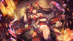 Rule 34 | 1girl, bare shoulders, black gloves, black hair, commentary, detached sleeves, dress, fox mask, gloves, highres, holding, holding mask, honkai: star rail, honkai (series), jessica wijaya, long hair, looking at viewer, mask, pink eyes, red dress, short sleeves, solo, sparkle (honkai: star rail), twintails, very long hair