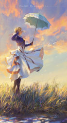 Rule 34 | 10s, 1girl, absurdres, adjusting hair, blonde hair, blue eyes, blue jacket, braid, brooch, brown gloves, clothes lift, cloud, cloudy sky, gloves, grass, hair between eyes, hair intakes, hair ribbon, highres, holding, holding umbrella, jacket, jewelry, looking up, parasol, red ribbon, ribbon, shi shihou, skirt, skirt lift, sky, solo, stream, title, umbrella, violet evergarden, violet evergarden (series), water, white neckwear, white skirt, wind