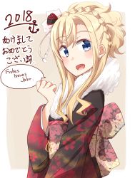 Rule 34 | 1girl, :d, absurdres, bad id, bad pixiv id, beige background, black bow, black kimono, blonde hair, blue eyes, blush, bow, braid, commentary request, floral print, fur collar, german text, hair between eyes, hair bow, hair ornament, hair up, high school fleet, highres, japanese clothes, kapatarou, kimono, looking at viewer, obi, open mouth, print kimono, sash, smile, solo, translated, two-tone background, white background, wilhelmina braunschweig ingenohl friedeburg