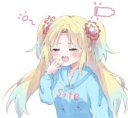 Rule 34 | 1girl, = =, battery indicator, blonde hair, blue hair, blue hoodie, blush, clothes writing, commentary, drawstring, flower, gradient hair, hair flower, hair ornament, highres, hood, hoodie, light blue hair, link! like! love live!, long hair, love live!, low battery notification, milshye7, multicolored hair, official alternate costume, open mouth, osawa rurino, parted bangs, pink flower, simple background, sleepy, solo, squeans, twintails, virtual youtuber, white background, white flower