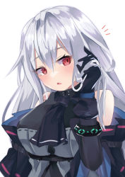 Rule 34 | 1girl, ^^^, arknights, ascot, bare shoulders, black ascot, black gloves, black shirt, blush, bracelet, breasts, detached sleeves, gloves, hand in own hair, hand up, infection monitor (arknights), jewelry, large breasts, long hair, long sleeves, looking at viewer, notice lines, open mouth, red eyes, shirt, signature, silver hair, skadi (arknights), skadi (elite ii) (arknights), solo, tsuyuki yuki, underbust, upper body