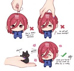 Rule 34 | &gt; &lt;, 1boy, androgynous, black cat, blue lock, cat, checkmark, chibi, chigiri hyoma, disembodied hand, english text, highres, how to hold x (meme), long hair, looking at viewer, male focus, meme, mini person, miniboy, open mouth, purple nails, red eyes, red hair, red nails, round teeth, shishileo, short sleeves, smile, soccer uniform, sportswear, teeth, upper teeth only, x