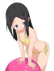 Rule 34 | 1girl, ball, bare shoulders, bikini, black hair, blue eyes, bubukka, collarbone, commentary request, cowboy shot, flat chest, hair ornament, hairclip, leaning forward, long hair, looking at viewer, original, parted bangs, side-tie bikini bottom, simple background, smile, solo, swimsuit, white background, yellow bikini