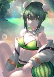 Rule 34 | 1girl, bare shoulders, belt, bikini, black hair, breasts, bun cover, cleavage, collarbone, double bun, fate/grand order, fate (series), food, fruit, green bikini, green eyes, green ribbon, hair bun, hair ribbon, highres, jacket, kaze minoru so-ru, large breasts, long sleeves, looking at viewer, navel, open clothes, open jacket, qin liangyu (chainsaw of the dead) (fate), qin liangyu (fate), ribbon, sidelocks, sitting, solo, swimsuit, thighs, watermelon, white jacket