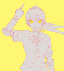 Rule 34 | 1girl, alternate eye color, atlus, labrys (persona), megami tensei, middle finger, persona, persona 4, persona 4: the ultimate in mayonaka arena, shadow (persona), shin megami tensei, simple background, solo, yellow background