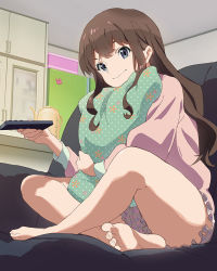Rule 34 | 10s, 1girl, barefoot, brown hair, butterfly sitting, controller, couch, feet, indian style, indoors, iwasaki shiho, kettle, legs, long hair, hugging object, official art, pillow, pillow hug, remote control, shorts, sitting, smile, soles, solo, toes, wake up girls!, wake up girls! stage no tenshi