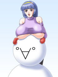 Rule 34 | 1girl, bare shoulders, blue hair, breasts, detached sleeves, gradient background, headband, huge breasts, mittens, open mouth, oukazero, red eyes, snow, snowman, solo, standing, sweater, underboob