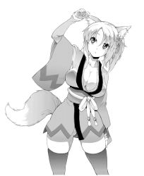 Rule 34 | 10s, 1girl, :o, animal ears, breasts, cleavage, collarbone, curvy, dog days, female focus, flower, fox ears, fox tail, greyscale, hair flower, hair ornament, hair ribbon, japanese clothes, large breasts, long sleeves, monochrome, ponytail, ribbon, simple background, skindentation, soba (saz), solo, standing, tail, thighhighs, white background, wide hips, wide sleeves, yukikaze panettone