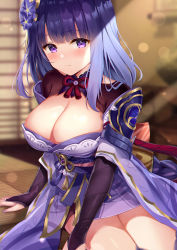Rule 34 | 1girl, bare shoulders, braid, breasts, cleavage, detached collar, eric (tianqijiang), genshin impact, hair ornament, highres, japanese clothes, kimono, large breasts, long hair, long sleeves, looking at viewer, low-braided long hair, low-tied long hair, obi, off shoulder, purple eyes, purple hair, purple kimono, raiden shogun, sash, solo, thighs, wide sleeves