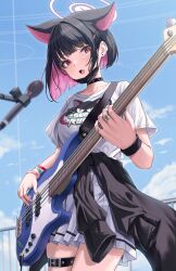 Rule 34 | 1girl, absurdres, animal ears, black choker, black hair, black mask, blue archive, cat ears, choker, colored inner hair, cowboy shot, electric guitar, extra ears, fingernails, guitar, hair ornament, hairclip, halo, highres, holding, holding instrument, instrument, kazusa (blue archive), mask, microphone, microphone stand, mouth mask, multicolored hair, music, official alternate costume, pink hair, pink halo, playing instrument, pleated skirt, rama (yu-light8), red eyes, shirt, short hair, short sleeves, skirt, solo, surgical mask, white shirt, white skirt