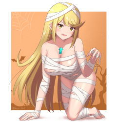 Rule 34 | absurdres, bandages, blonde hair, breasts, chest jewel, halloween, highres, large breasts, long hair, mummy, mummy costume, mythra (xenoblade), naked bandage, ryochan96154, swept bangs, very long hair, xenoblade chronicles (series), xenoblade chronicles 2, yellow eyes