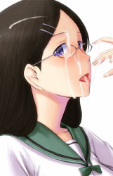 Rule 34 | 10s, 1girl, black hair, blue eyes, bonnie (rsg), cum, cum in mouth, cum on eyewear, cum on hair, cum on hands, cum on tongue, facial, glasses, green sailor collar, hair ornament, hairclip, long hair, looking at viewer, open mouth, sailor collar, saitou kaede (yama no susume), school uniform, solo, tongue, tongue out, upper body, white background, yama no susume