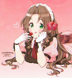 Rule 34 | 1girl, aerith gainsborough, blush, bow, breasts, brown hair, final fantasy, final fantasy vii, final fantasy vii remake, food, fruit, gloves, gradient background, hair bow, heart, highres, krudears, long hair, lying, maid, maid headdress, neck ribbon, on stomach, pink background, ponytail, puffy sleeves, ribbon, solo, square enix, strawberry, striped, tongue, tongue out, wavy hair