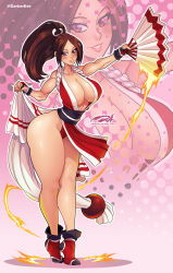 Rule 34 | 1girl, bare shoulders, breasts, brown eyes, brown hair, cleavage, collarbone, darkereve, fatal fury, female focus, folding fan, full body, hair ornament, hand fan, highres, holding, holding fan, japanese clothes, large breasts, legs, lips, long hair, matching hair/eyes, ninja, parted bangs, pelvic curtain, ponytail, revealing clothes, shiranui mai, smile, solo, standing, the king of fighters, thick thighs, thighs, tiptoes, zoom layer