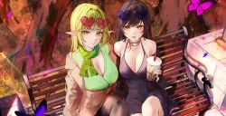 Rule 34 | 2girls, absurdres, ara haan, bench, black dress, black hair, black pantyhose, breasts, bug, butterfly, cleavage, closed mouth, collarbone, cup, disposable cup, dress, drinking straw, elsword, eyewear on head, green eyes, green hair, green scarf, heart, heart-shaped eyewear, highres, holding, holding cup, insect, jacket, large breasts, long hair, looking at viewer, mouth hold, multiple girls, naokomama, off shoulder, outdoors, pantyhose, pointy ears, rena erindel, scarf, sitting, skirt, smile, sunglasses, tree, yellow eyes
