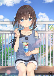 Rule 34 | 1girl, black shirt, blue eyes, blue hair, blue shirt, blue sky, brown hair, checkerboard cookie, cherry, cloud, commentary request, cookie, cup, day, feet out of frame, food, fruit, hair between eyes, hair ornament, hairclip, hand up, highres, holding, holding cup, holding spoon, horizon, looking at viewer, miko fly, multicolored hair, ocean, on bench, original, outdoors, parted lips, pocky, railing, shirt, short sleeves, shorts, signature, sitting, sky, solo, spoon, two-tone hair, water, white shorts