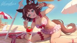 Rule 34 | 1girl, ahoge, alternate costume, animal ears, armpits, arms up, beach, beach chair, beach umbrella, bikini, blush, breasts, brown hair, collarbone, commentary request, dated, day, dessert, double v, fingernails, food, frills, fruit, green eyes, hair ornament, highres, horse ears, horse girl, horse tail, leaning to the side, looking at viewer, medium breasts, medium hair, multicolored hair, navel, ocean, open mouth, outdoors, parasol, parfait, pink bikini, rhein kraft (umamusume), sand, sandals, shade, shinmai (kyata), sitting, sky, smile, solo, stomach, strawberry, strawberry parfait, streaked hair, swimsuit, tail, teeth, thigh strap, twitter username, two-tone hair, umamusume, umbrella, upper teeth only, v, water, white hair, wristband
