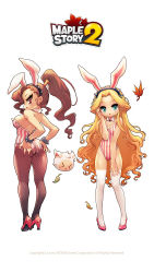 Rule 34 | 00s, 2girls, animal ears, aqua eyes, ass, ass grab, blonde hair, breasts, brown hair, butt crack, cleavage, detached collar, fake animal ears, fishnet pantyhose, fishnets, hands on ass, high heels, highres, large breasts, leotard, long hair, maplestory, maplestory 2, medium breasts, multiple girls, open mouth, pantyhose, playboy bunny, ponytail, rabbit ears, red eyes, sideboob, thighhighs, very long hair, wedgie, white background, white legwear, wrist cuffs