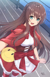 Rule 34 | 1girl, aoki hagane no arpeggio, apron, blue eyes, bodice, brown hair, cape, commission, frilled apron, frills, highres, long hair, maya (aoki hagane no arpeggio), pixiv commission, railing, red cape, red skirt, sarasa (kanbi), shirt, skirt, smiley face, solo, striped clothes, striped thighhighs, thighhighs, waist apron, white apron, white shirt