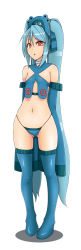 Rule 34 | 1girl, blue hair, bronzong, creatures (company), emukon, flat chest, game freak, gen 4 pokemon, long image, nintendo, personification, pokemon, red eyes, simple background, solo, tall image, thighhighs, underwear, underwear only, white background