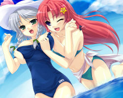 Rule 34 | 2girls, bikini, breasts, clothes pull, day, embodiment of scarlet devil, female focus, gradient background, hat, hong meiling, izayoi sakuya, long hair, multiple girls, ocean, one-piece swimsuit, one-piece swimsuit pull, one eye closed, outdoors, pulling another&#039;s clothes, red hair, ribbon, school swimsuit, sea chicken, short hair, silver hair, sky, swimsuit, touhou, wink