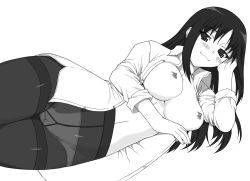 Rule 34 | 1girl, :3, blush, bottomless, breasts, greyscale, gusset, kurusugawa ayaka, large breasts, long hair, monochrome, no pants, open clothes, open shirt, panties, panties under pantyhose, pantyhose, shichimenchou, shirt, simple background, sleeves rolled up, solo, thighband pantyhose, to heart, to heart (series), underwear