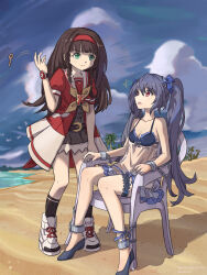 Rule 34 | 2girls, absurdres, bdsm, beach, beach chair, black hair, blush, bondage, bound, braid, breasts, cuffs, full body, green eyes, hair ribbon, hairband, highres, holding, k-sha, long hair, looking at another, medium breasts, multiple girls, neptune (series), nero augustus, noire (neptunia), outdoors, red eyes, restrained, ribbon, shackles, shin jigen game neptune vii, short sleeves, sitting, twin braids, twintails, very long hair