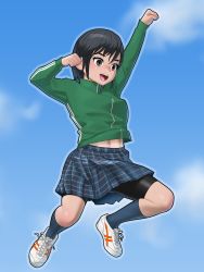 Rule 34 | 1girl, :d, arm up, bike shorts, bike shorts under skirt, black hair, blue skirt, blush, brown eyes, clenched hands, cloud, commentary, from below, green jacket, herikutsu ryuutsuu center, highres, jacket, jersey, jumping, kneehighs, looking ahead, muscular, muscular female, navel, open mouth, original, plaid, plaid skirt, shoes, short hair, skirt, sky, smile, sneakers, socks, tan, teeth, thick eyebrows, track jacket, track suit, white footwear