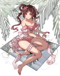 Rule 34 | 1girl, animal ears, anklet, arknights, bikini, blush, breasts, bridal garter, brown hair, cleavage, eyjafjalla (arknights), eyjafjalla (summer flower) (arknights), highres, horns, infection monitor (arknights), jewelry, long hair, looking at viewer, nanqinxuelinaixi, navel, off-shoulder bikini, off shoulder, official alternate costume, palm leaf, pink bikini, pink eyes, sarong, sheep ears, sheep girl, sheep horns, sitting, small breasts, smile, solo, stomach, swimsuit, thighs, white sarong, yokozuwari