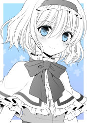 Rule 34 | 1girl, alice margatroid, blue background, blue eyes, bow, capelet, frilled hairband, frills, hair between eyes, hairband, irino, light blush, looking at viewer, monochrome, shirt, short hair, short sleeves, smile, solo, spot color, touhou, upper body