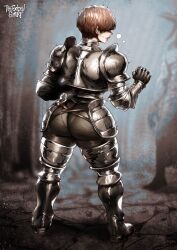 Rule 34 | 1girl, armor, artist name, ass, breasts, brown eyes, brown hair, d&#039;arce (fear &amp; hunger), fear &amp; hunger, female knight, fingerless gloves, from behind, full body, gloves, hair over eyes, highres, knight, large breasts, pantylines, pixie cut, short hair, skin tight, solo, standing, the golden smurf, thick thighs, thighs