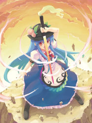 Rule 34 | 1girl, blue hair, female focus, floating, floating object, food, from above, frown, fruit, hat, hinanawi tenshi, long hair, looking at viewer, minamura haruki, open mouth, peach, red eyes, ribbon, rock, serious, solo, sunset, sword, sword of hisou, touhou, weapon