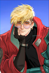 Rule 34 | 1boy, artist name, black gloves, black shirt, blonde hair, blue background, blue eyes, closed mouth, coat, commentary, earrings, elbow gloves, english commentary, fingernails, glasses, gloves, gradient-tinted eyewear, gradient background, hair between eyes, hand up, head rest, highres, hood, hood down, hooded coat, hoop earrings, jewelry, light blue background, long sleeves, looking at viewer, male focus, mechanical arms, mistermagnolia, mole, mole under eye, open clothes, open coat, orange-tinted eyewear, partially fingerless gloves, purple-tinted eyewear, raised eyebrows, red coat, round eyewear, shirt, short hair, single earring, single mechanical arm, smile, solo, tinted eyewear, trigun, trigun stampede, turtleneck, twitter username, undercut, upper body, vash the stampede