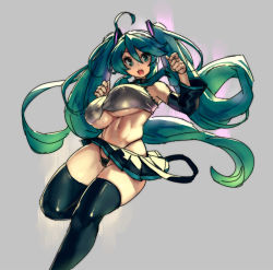 Rule 34 | 1girl, adapted costume, alternate breast size, aqua eyes, aqua hair, black thighhighs, breasts, detached sleeves, eu03, fang, grey background, hatsune miku, huge breasts, long hair, looking at viewer, midair, miniskirt, navel, necktie, open mouth, simple background, sketch, skindentation, skirt, sleeveless, solo, thighhighs, thong, twintails, underboob, very long hair, vocaloid