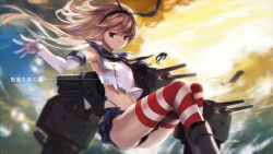 Rule 34 | 10s, 1girl, bad id, bad pixiv id, black eyes, black panties, blonde hair, cloud, elbow gloves, gloves, hairband, highleg, highleg panties, highres, kantai collection, navel, panties, rensouhou-chan, shimakaze (kancolle), sky, solo, striped clothes, striped thighhighs, swd3e2, thighhighs, torn clothes, underwear, water, white gloves
