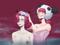 Rule 34 | 2girls, annoyed, bath, breasts, bubble, charlotte galette, charlotte poire, happy, highres, multiple girls, nipples, one piece, red hair, resident drawfriend, shampoo, sharp teeth, shower, siblings, sisters, soap, teeth, twins