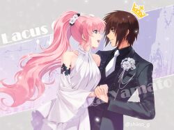 Rule 34 | 1boy, 1girl, 7sino, absurdres, black suit, blue eyes, breasts, brown hair, couple, dress, flower, formal, gundam, gundam seed, gundam seed freedom, hair flower, hair ornament, hetero, highres, holding hands, kira yamato, lacus clyne, long hair, necktie, open mouth, pink hair, ponytail, purple eyes, short hair, smile, suit, very long hair, white flower