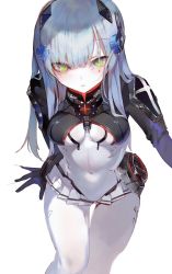 Rule 34 | 1-gou (111touban), 1girl, blue hair, bodysuit, breasts, covered navel, cross hair ornament, expressionless, girls&#039; frontline, green eyes, hair between eyes, hair ornament, hair over eyes, highres, hk416 (girls&#039; frontline), hk416 (midnight evangelion) (girls&#039; frontline), long hair, looking at viewer, pantyhose, small breasts, solo, thigh gap, thighs, white background, white bodysuit, white pantyhose