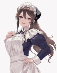 Rule 34 | 1girl, adapted costume, apron, ashigara (kancolle), ashigara kai ni (kancolle), bow, breasts, brown eyes, brown hair, dress, fangs, frilled apron, frills, hair bow, highres, kantai collection, large breasts, maid, maid apron, maid headdress, puffy sleeves, rokuwata tomoe, skirt, smile, solo, standing, waist apron, wavy hair, white apron