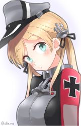 Rule 34 | 1girl, ahenn, anchor hair ornament, aqua eyes, blonde hair, commentary request, cross, hair ornament, hat, head tilt, iron cross, kantai collection, looking at viewer, low twintails, microskirt, military, military uniform, peaked cap, prinz eugen (kancolle), simple background, skirt, solo, twintails, twitter username, uniform, upper body, white background