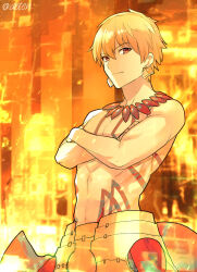 Rule 34 | 1boy, aoten (aoiroarekore), blonde hair, closed mouth, commentary request, cowboy shot, crossed arms, earrings, fate/grand order, fate (series), gilgamesh (fate), gold earrings, highres, jewelry, looking at viewer, male focus, muscular, muscular male, pectorals, red eyes, short hair, solo, tattoo, topless male, twitter username