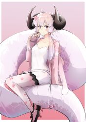 Rule 34 | 1girl, ahoge, black footwear, blush, bracelet, breasts, closed mouth, collarbone, commentary, curled horns, dragon tail, dress, floral print, flower, gradient background, hair flower, hair ornament, hand up, high heels, highres, hood, hooded jacket, horns, jacket, jewelry, long hair, long sleeves, looking at viewer, multicolored eyes, open clothes, open jacket, open mouth, outside border, pantyhose, pointy ears, print jacket, print pantyhose, purple background, purple eyes, purple hair, red background, short hair with long locks, sidelocks, sitting on own tail, sleeves past wrists, smile, solo, tail, two-tone background, vocaloid, voiceroid, white dress, white pantyhose, yellow eyes, yuzuki yukari, yuzuki yukari (onn), zooanime